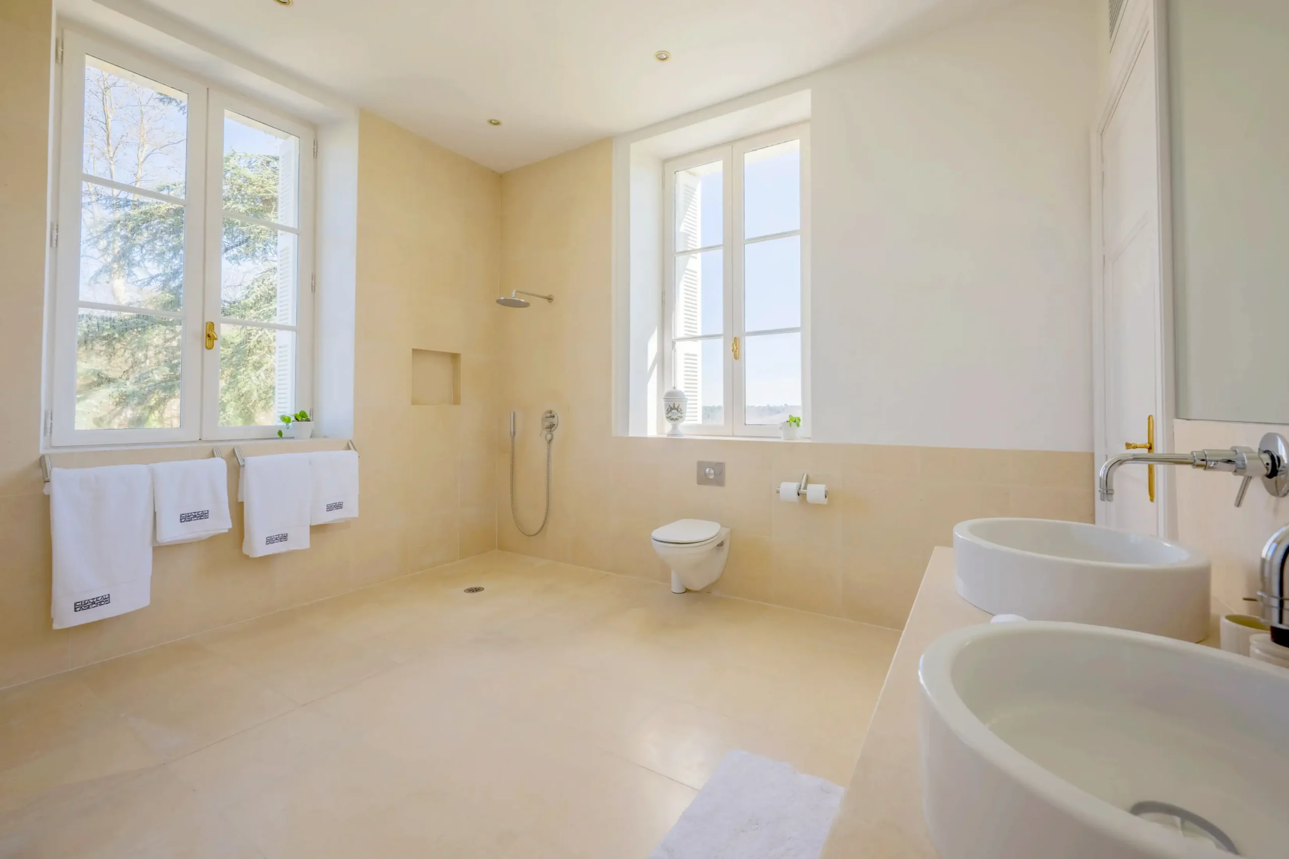 Bright bathroom with large windows, bathtub, and modern fixtures