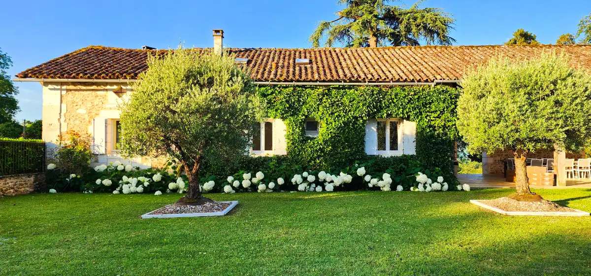 Traditional countryside home with ivy-covered walls and greenery