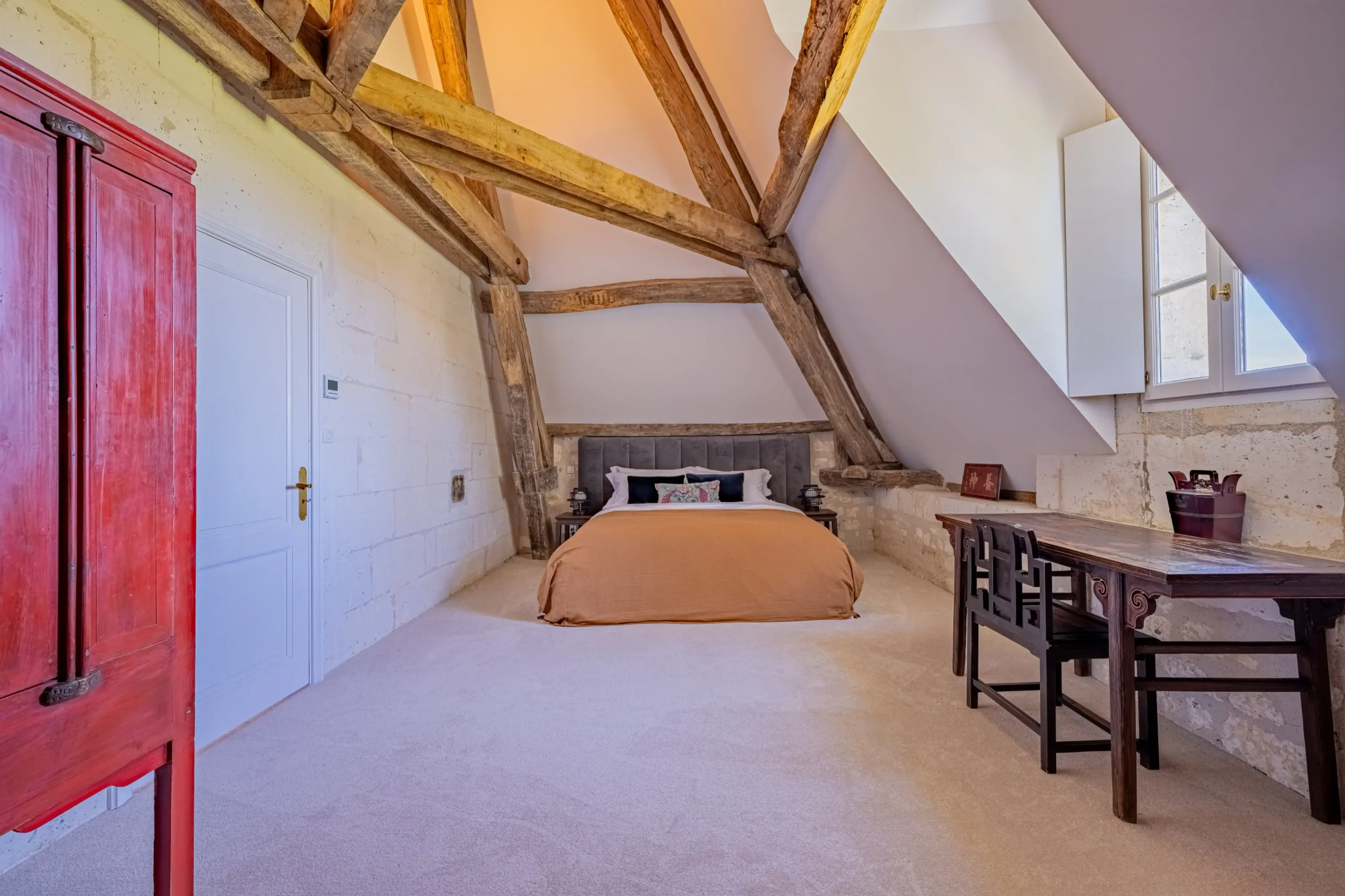 Bedroom with Chinese antique decor and warm lighting