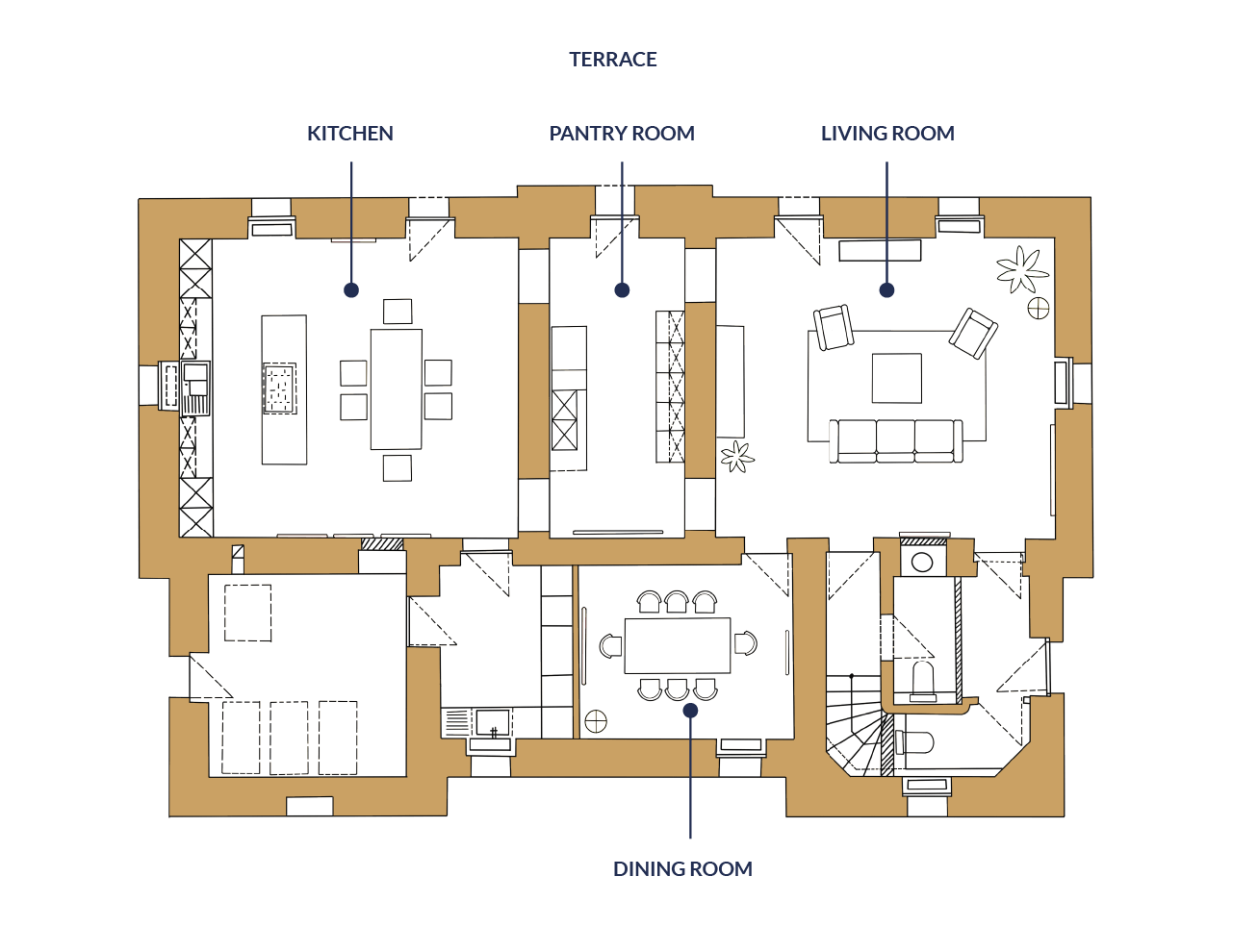 Château floors: guest rooms, office, art gallery, dining